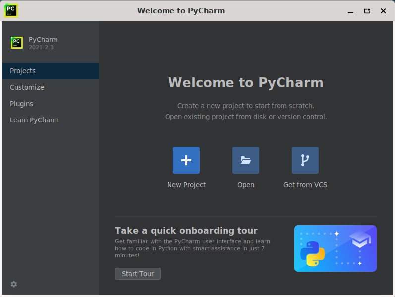 Schermata di benvenuto di PyCharm