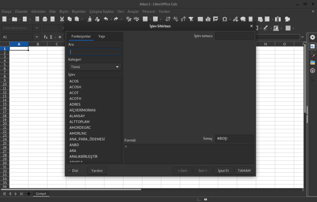 LibreOffice Calc işlev sihirbazı