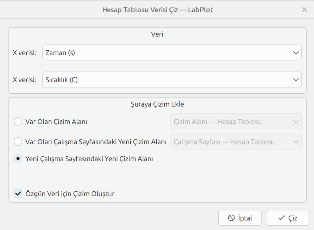 Hesap Tablosu Verisi Çiz diyalog penceresinde X ve Y verisi seçim ekranı