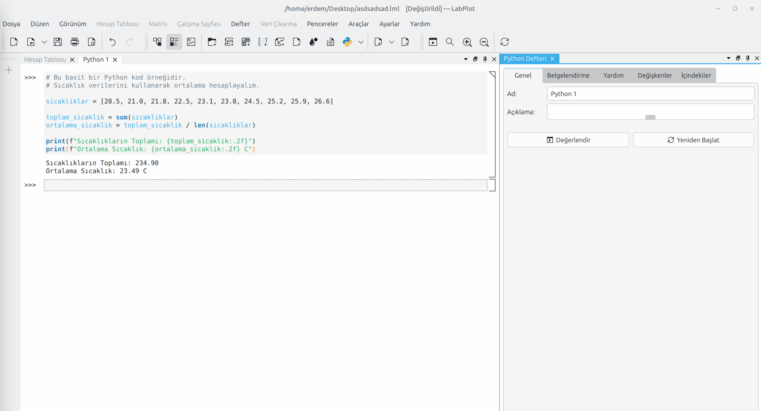LabPlot Python Not Defteri arayüzü ve kodun hesaplanan çıktı sonuçları